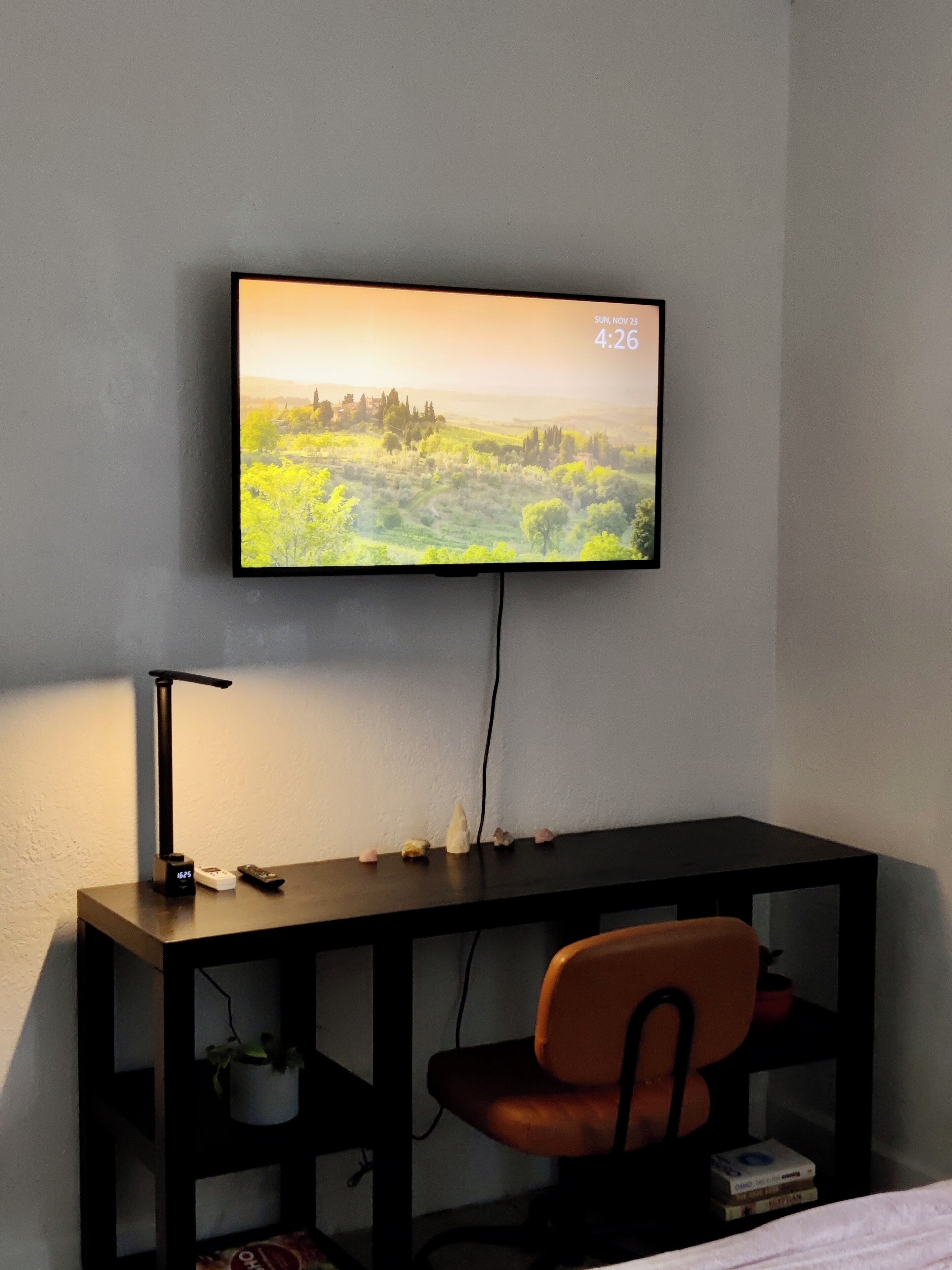 A room with a TV mounted on the wall displaying a landscape, a desk with a chair, a lamp, and a shelf with a plant and books.