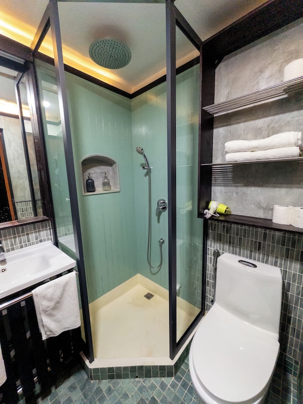 A bathroom with a glass-enclosed shower, a white toilet, and a sink with a mirror. - Zinnia Villa (Maafushi)