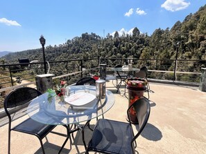 Eine Terrasse mit runden Tischen und Stühlen, einem Blumentopf und Blick auf einen bewaldeten Hang.