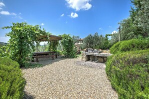 A garden patio with a pergola, a stone barbecue area, and a gravel path.
