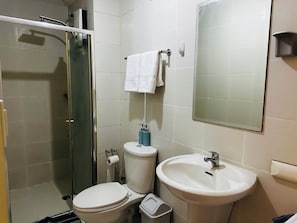 Douche, bidet, serviettes fournies, savon