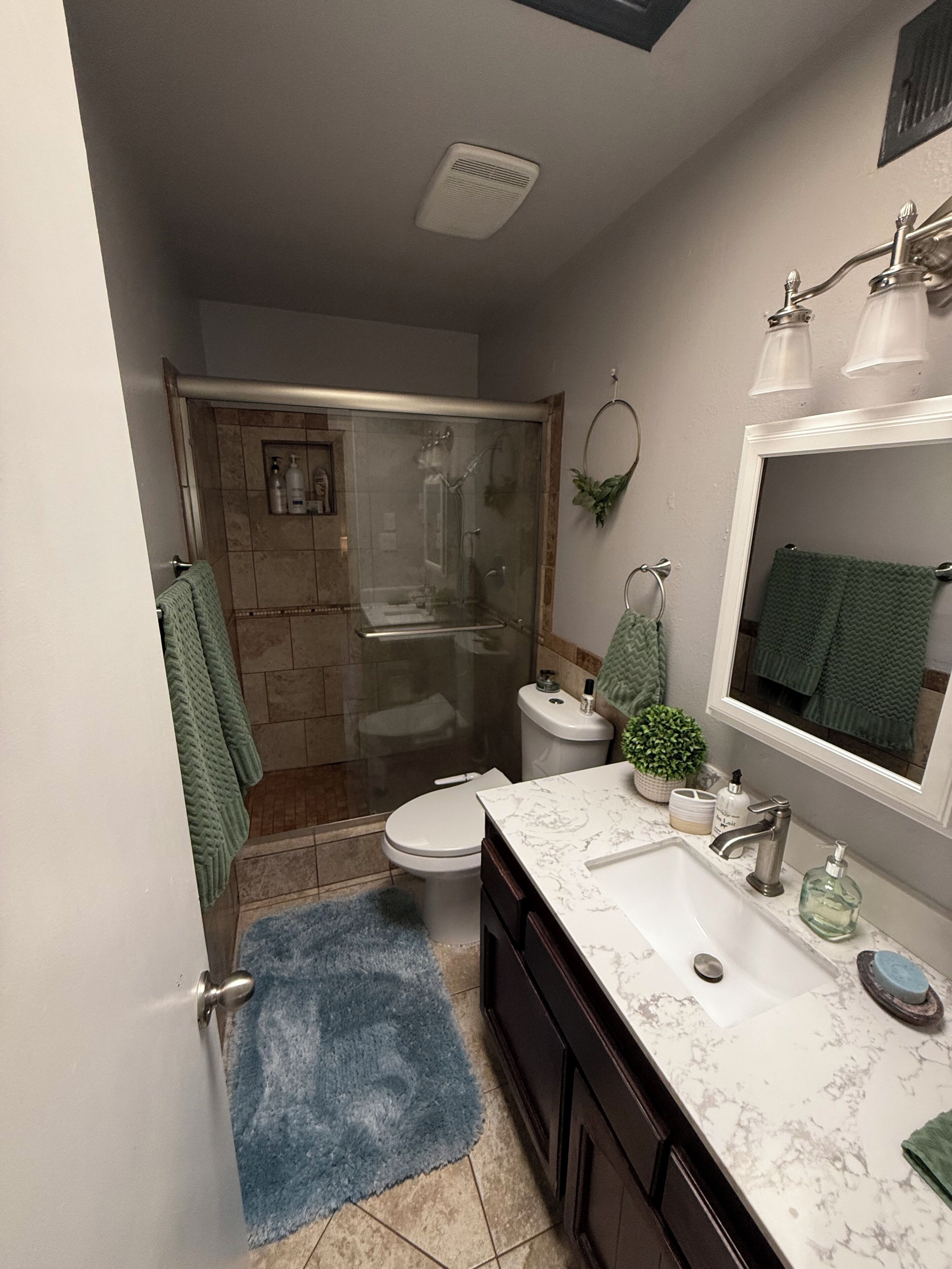 Shower, eco-friendly toiletries, hair dryer, towels