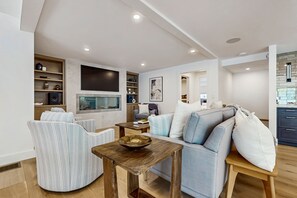 TV, fireplace, foosball