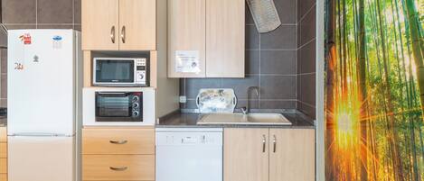 Frigorífico, microondas, horno y placa de cocina