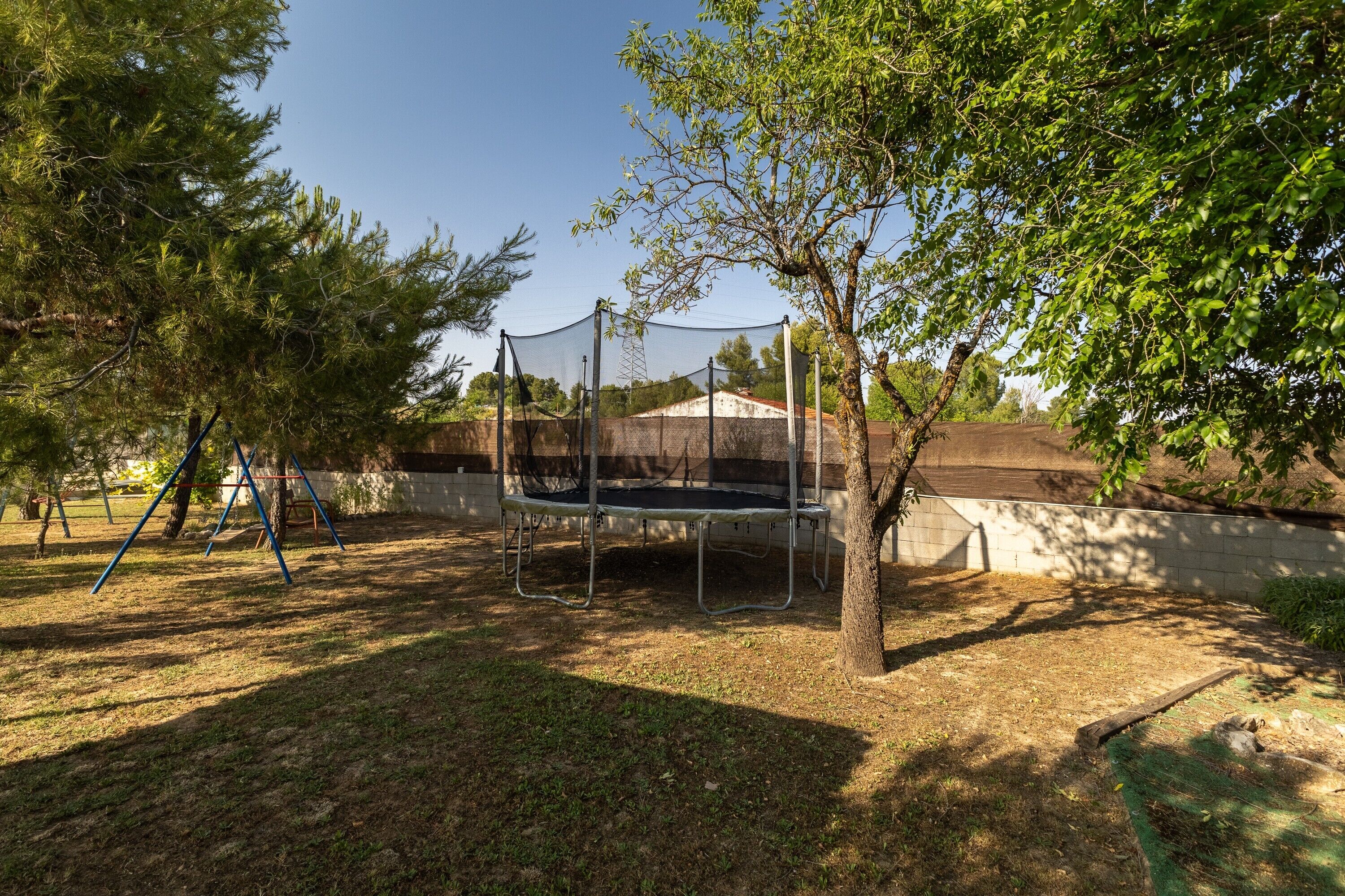 Un trampolino sotto un albero in un'area erbosa, con una recinzione e un edificio sullo sfondo.