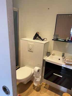Douche, sèche-cheveux, serviettes fournies, savon