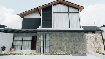 A modern two-story house with a flat roof, large windows, and a stone facade.