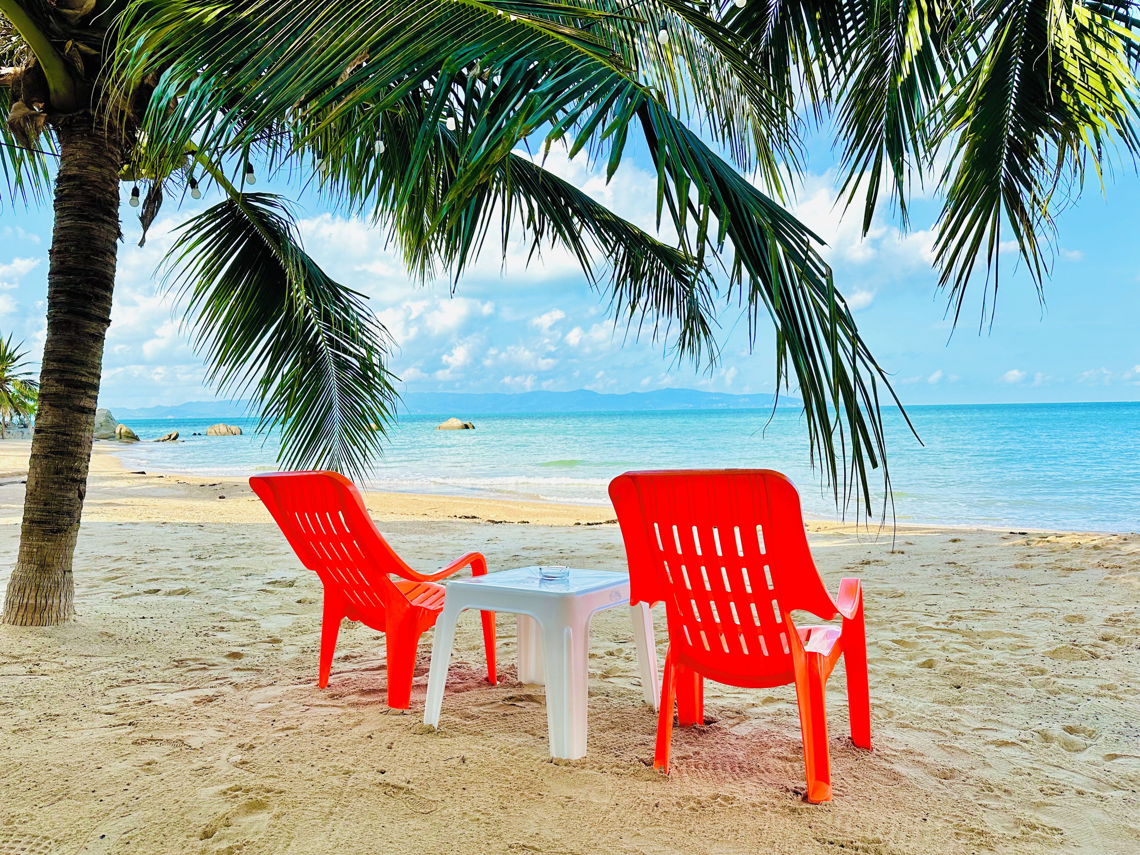 Two red chairs and a white table on a sandy beach with a palm tree and ocean view.