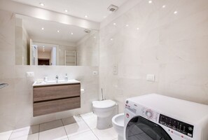 Shower, hair dryer, bidet, towels