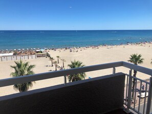 A beach with a clear view of the ocean, palm trees, and a sign for 'Gondol's Club'. - Canet-Plage, T2 40 M2+terrasse 8M2, covered parking, air conditioning, wifi fiber. (Canet-en-Roussillon)