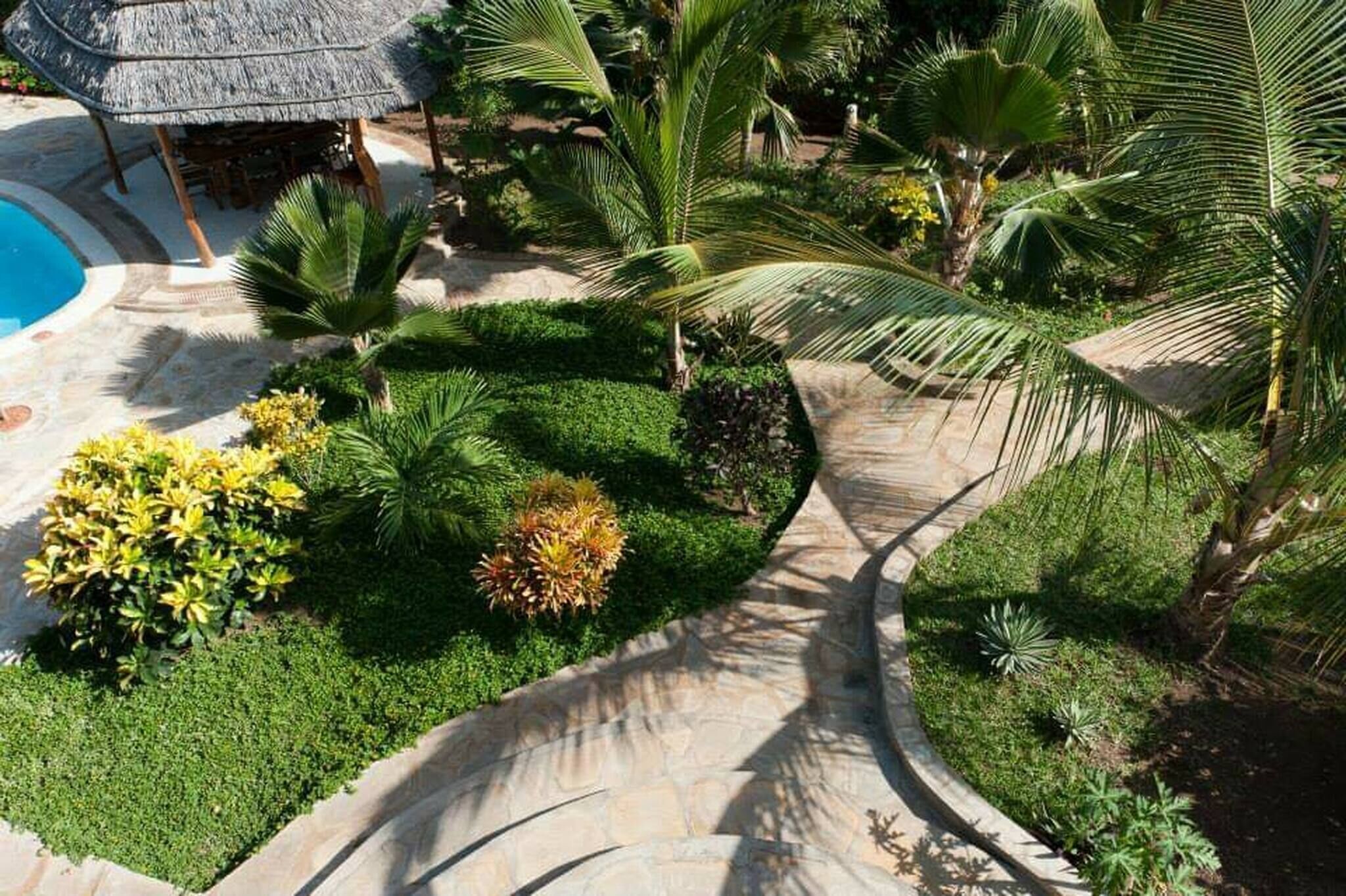 A tropical resort with a swimming pool, palm trees, and a thatched-roof hut.