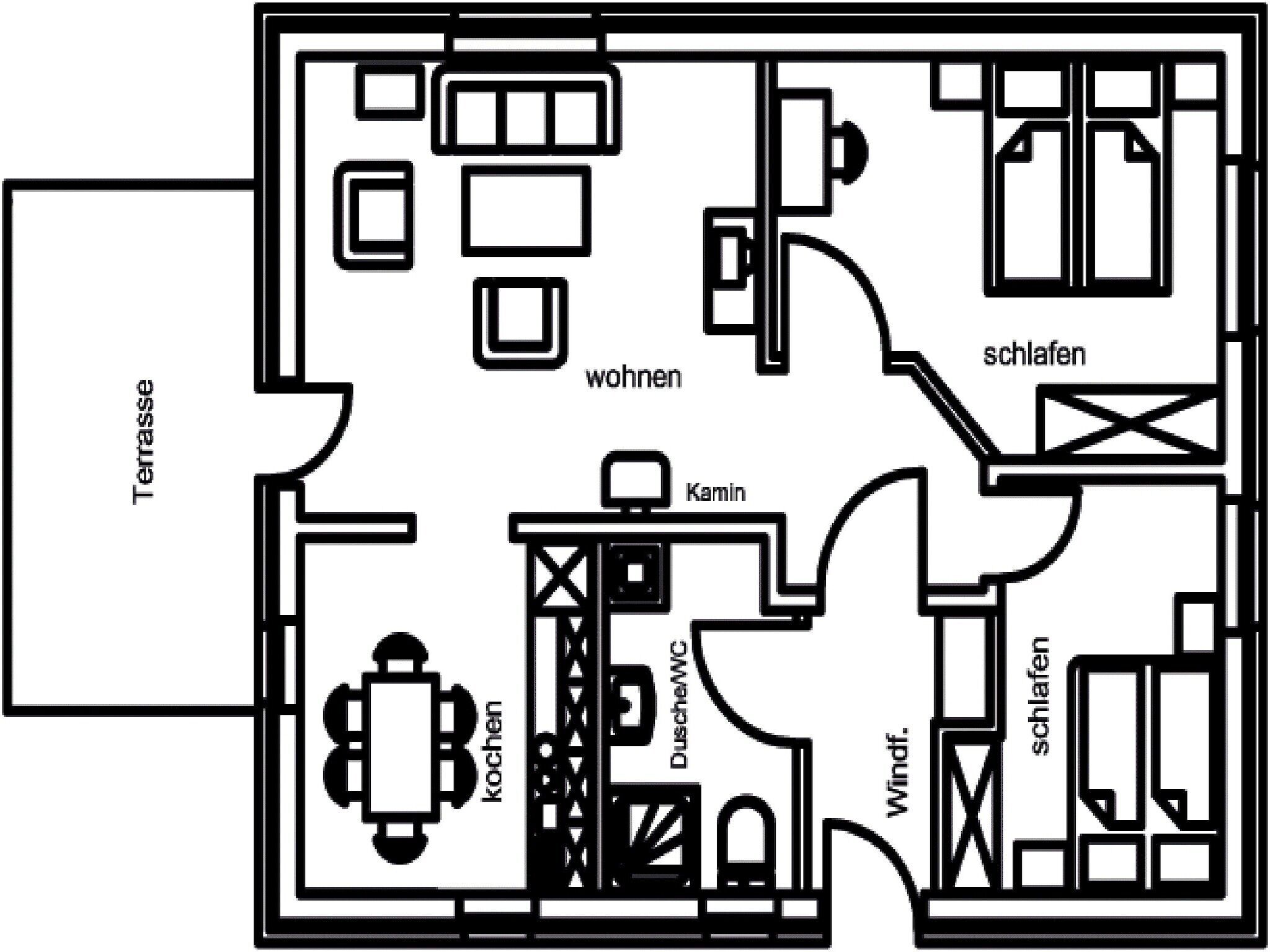 A floor plan with a terrace, living room, kitchen, dining area, and two bedrooms.