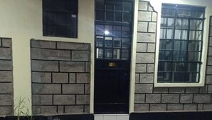 Un immeuble avec une façade en briques, une porte noire portant un numéro et un pot de fleurs.