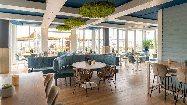 Un espacio interior moderno con techo azul, ventanas amplias y plantas colgantes verdes.