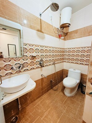 A bathroom with a sink, toilet, shower, and a mirror. - RUDRA GANGA HOTEL (Varanasi)