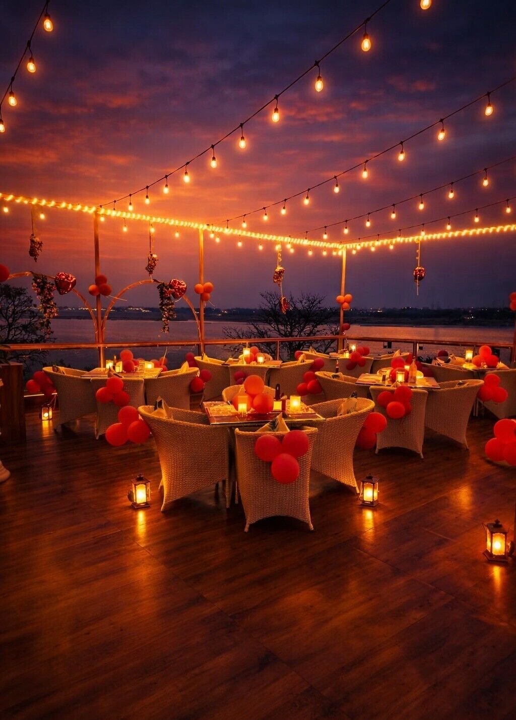 An outdoor dining area with wicker furniture, string lights, and red balloons.