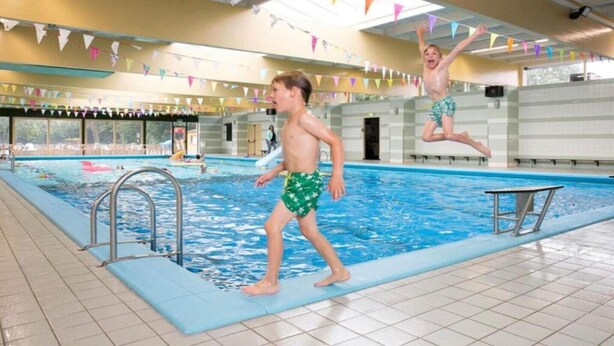 An indoor swimming pool with tiled floors and walls, a diving board, and colorful triangular flags. - Country Home with Sauna (Zevenhuizen)