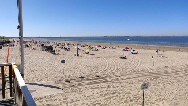 A beach with people sunbathing and walking, a clear sky, and a calm sea. - Bungalow by Water near Rotterdam (Simonshaven)