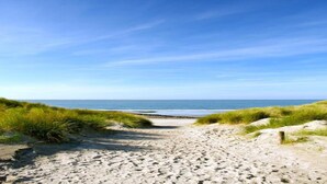 A sandy beach path with grass on either side leading to the ocean. - Hotel Room in Hellevoetsluis by the Beach (Hellevoetsluis)