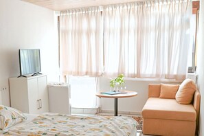 Une chambre d’hôtel avec un lit, un canapé, une petite table avec une plante, un téléviseur posé sur un meuble et une fenêtre avec des rideaux.