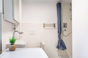 Shower, hair dryer, towels