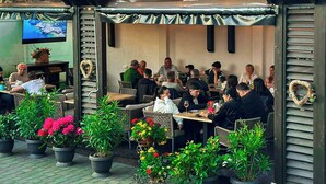 An outdoor café with tables and chairs, surrounded by potted plants and a television screen. - Hotel Bucheland (Gura Humorului)