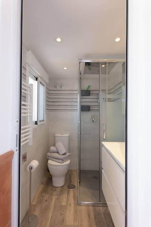 Shower, hair dryer, soap, shampoo