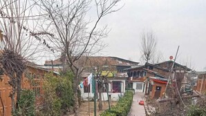 A paved pathway lined with greenery and buildings in the background. - Hotel New Green view-apart (Srinagar)