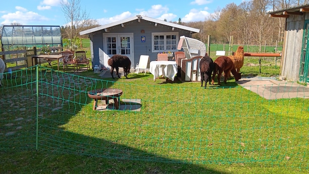 Un espacio al aire libre cercado con una casa, una mesa y sillas.