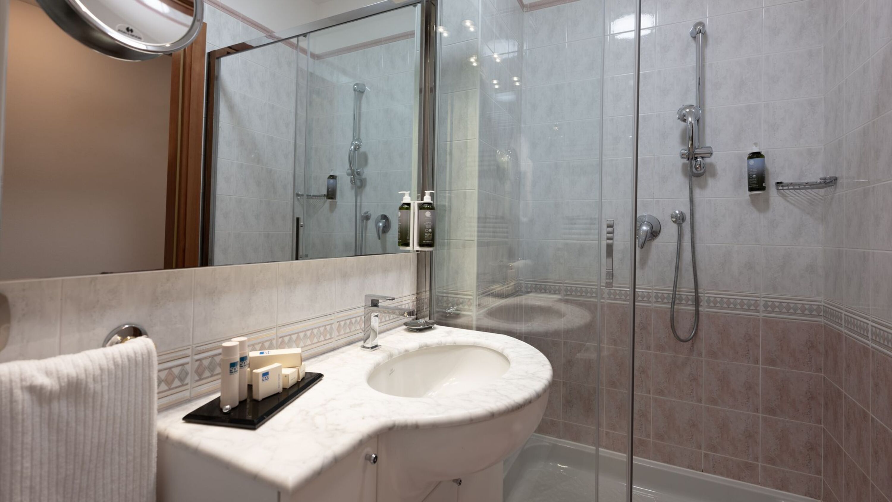 A bathroom with a glass-enclosed shower, a sink, and a mirror.