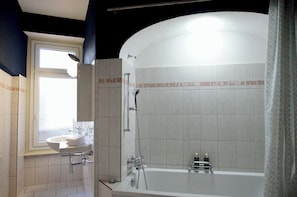 Hair dryer, towels, soap, toilet paper