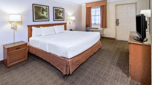 A hotel room with a large bed, two bedside tables, a TV, and a door. - Garden inn and suites san antonio l 35 (San Antonio)