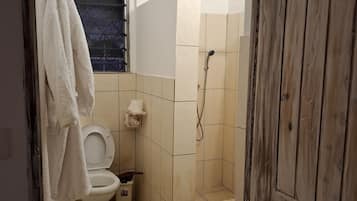 Shower, towels, soap, toilet paper