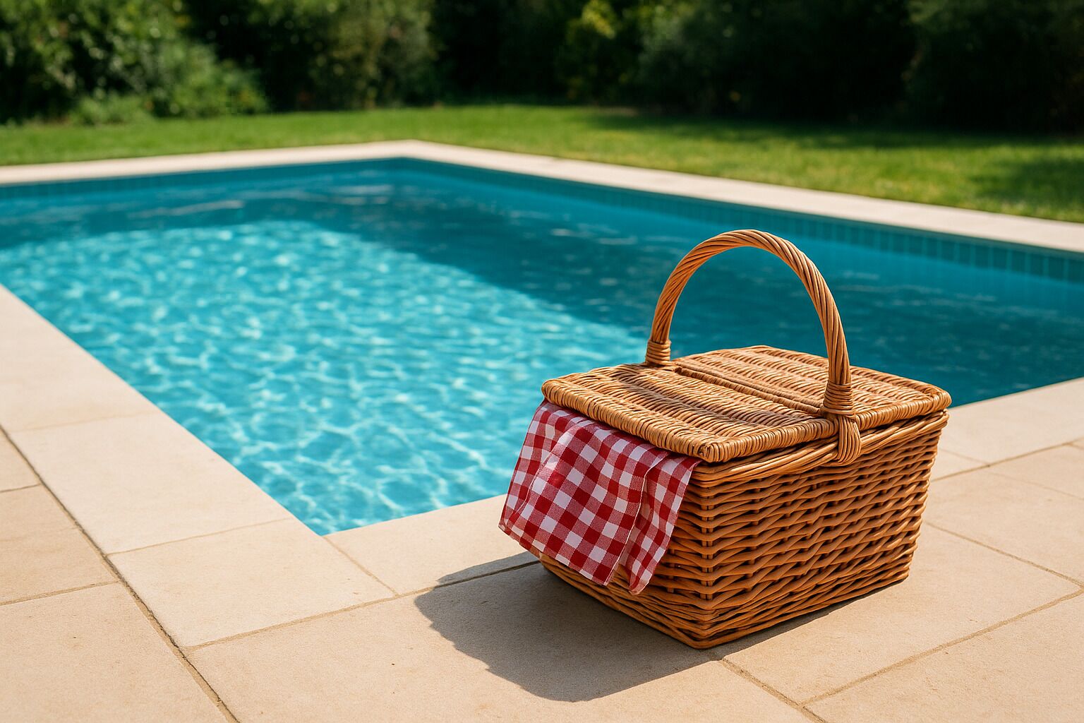 A wicker picnic basket with a checkered cloth beside a swimming pool.
