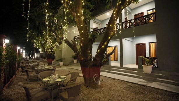 Un espacio al aire libre con mobiliario de mimbre, luces colgantes, un árbol y un edificio con balcón.