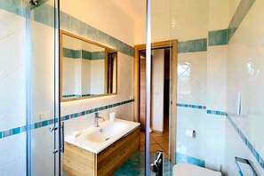 Shower, hair dryer, bidet, towels