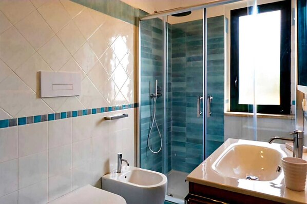 Shower, hair dryer, bidet, towels