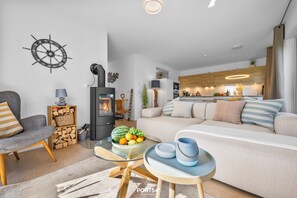 TV, fireplace, video library