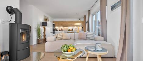 Tv, eldstad och ett filmbibliotek