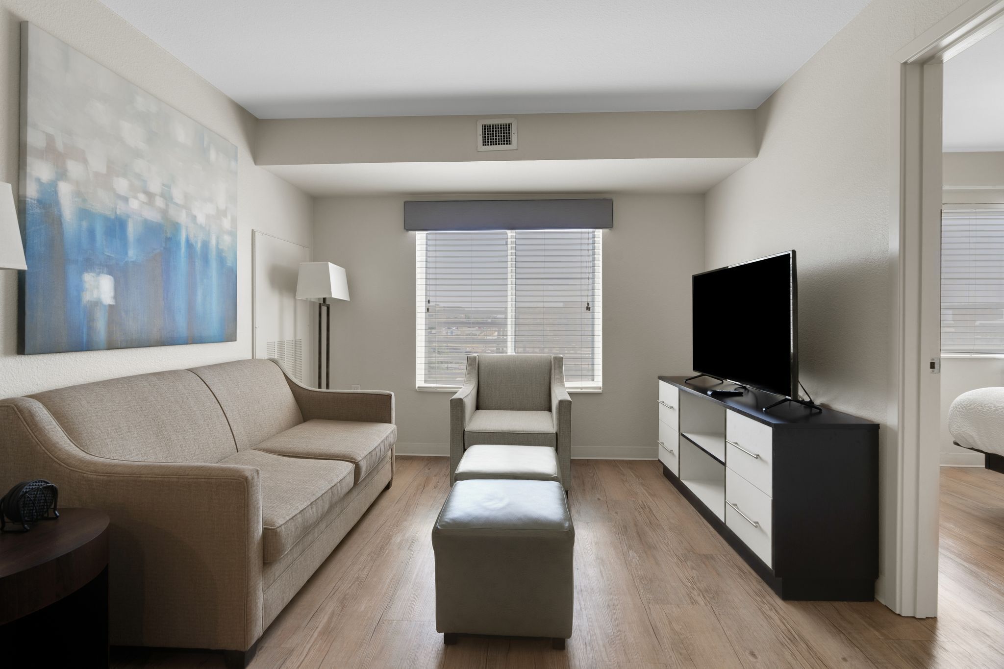 A modern living room with a sofa, ottoman, and a TV on a stand.