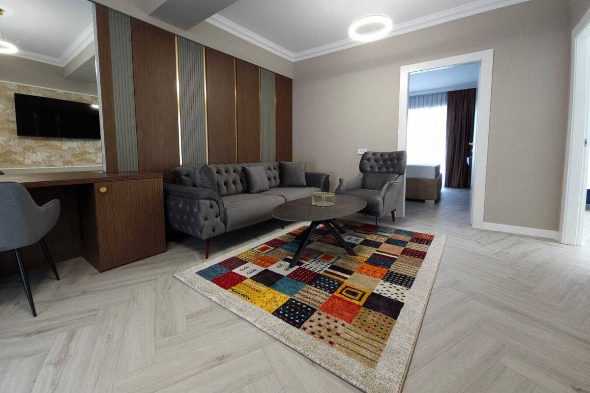 A modern living room with a grey sofa, a coffee table, and a colorful rug.