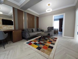 A modern living room with a grey sofa, a coffee table, and a colorful rug.