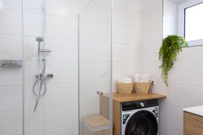 Hair dryer, towels, soap, toilet paper
