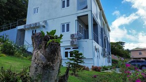 A multi-story building with balconies, air conditioning units, and a tree stump in the foreground. - Modern Grenada Studio with Mountain Views & Free Parking (Saint George's)