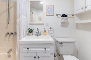 Douche, séchoir à cheveux, serviettes fournies