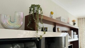 A living room with a fireplace, a decorative bowl, and a hanging plant. - Millenium Apartment (Redondela)