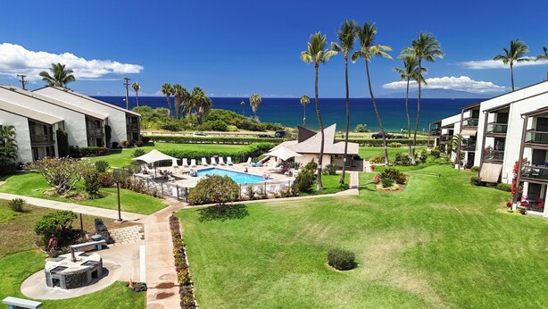 Un hotel con piscina, palmeras y vista al océano.
