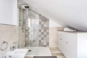 Shower, hair dryer, towels