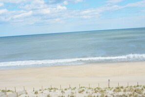 A beach with a sandy shore and a wooden fence.