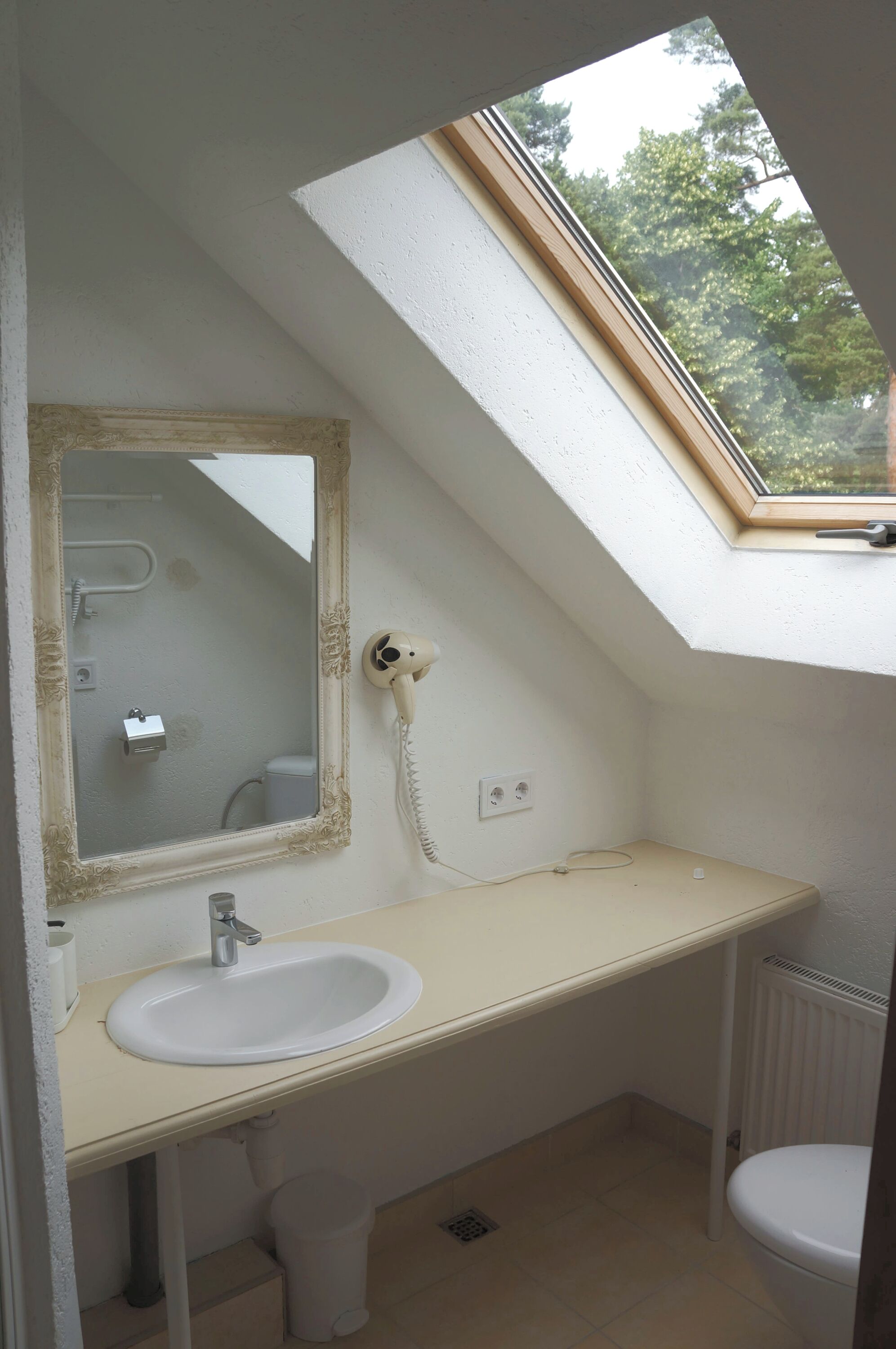 A bathroom with a skylight, a sink, a toilet, and a mirror.